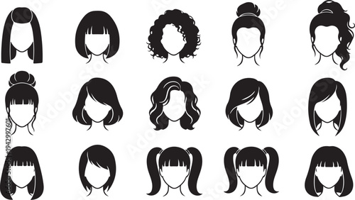 Collection of diverse female hairstyles displayed as a graphic silhouette
