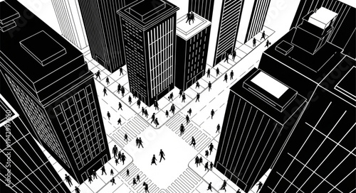 Aerial view of a busy city street with skyscrapers and pedestrians.