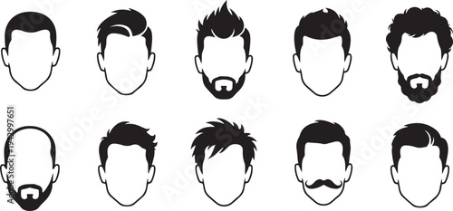 Collection of diverse male hairstyles and facial hair black silhouette