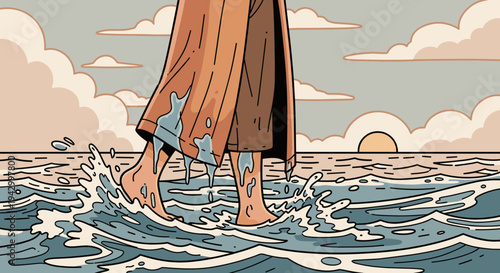 A serene illustration of feet walking through water, featuring a vintage style with soft colors and clouds
