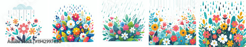 Rain and blooming flowers vector. Spring theme. Vector, flat, illustration, minimalist, icon, icon set