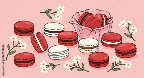 A delightful collection of red and white macarons arranged on a pink background, featuring a modern flat design style