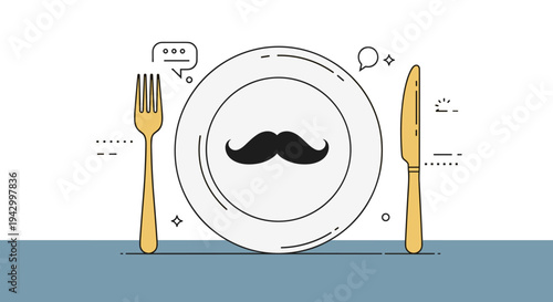 A minimalist illustration of a plate with a mustache design, accompanied by a fork and knife, perfect for dining themes