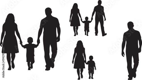 Family group walking together depicted in stark black silhouette