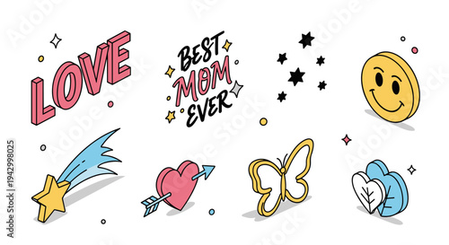 A vibrant collection of cheerful illustrations featuring love, best mom ever, and playful symbols in a modern style