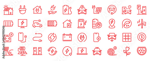 Charging web icons in line style. Charging, charging station, battery, electricity, wireless charging, electric car, collection. Vector illustration.