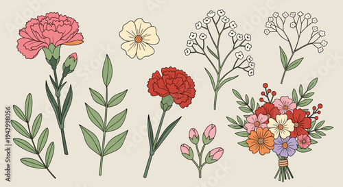 A vibrant collection of floral illustrations featuring various flowers and leaves in a modern, flat style