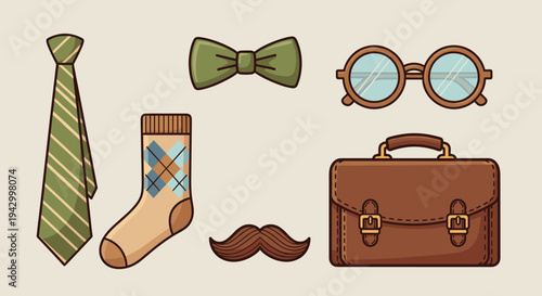 A stylish collection of gentleman accessories including a tie, bow tie, socks, mustache, glasses, and a briefcase in a flat design