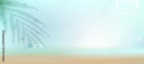 Summer seaside background,Blurred sand,sea beach,Sky blue,Waterdrop bubble on tropical plam leaf shadow.Ocean travel scene.Minimal vector banner soft pastel color design,Nature beach holiday concept