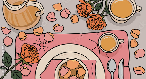 A beautifully arranged breakfast table with roses, plates, and cups in a minimalist style, perfect for romantic settings