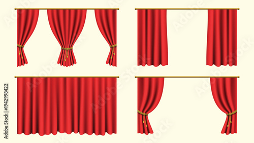 Realistic red curtains set vector design. Bundle elements of different border shapes of silk drapery interior textile for theater stage decoration. Vector illustration isolated objects