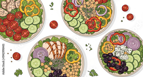 Four Delicious Healthy Salads Arranged Top Down View.