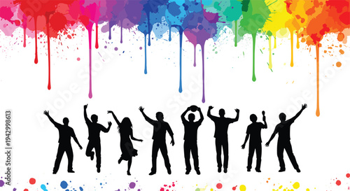 Colorful paint splash background with dancing people silhouettes, creative art festival celebration concept for youth party design, flat vector illustration