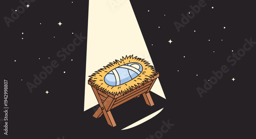 A simple illustration of a manger with a swaddled infant under a spotlight, featuring a minimalist style, suitable for holiday themes