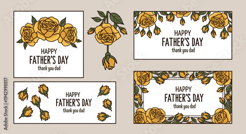 A collection of Father's Day cards featuring yellow roses and elegant typography in a modern flat style