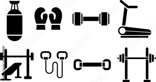 Collection of various gym and fitness equipment icons