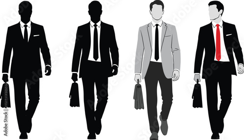 Successful businessmen walking with briefcases in silhouette and flat vector style, professional corporate male characters wearing formal suits, office,