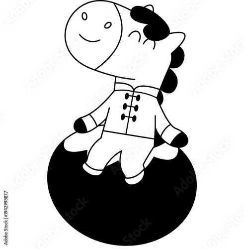 Lunar Zodiac Horse Mascot Relaxing on Mandarin Orange Graphic Element