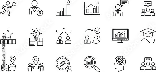Professional business line icon set featuring growth charts leadership roles and team collaboration