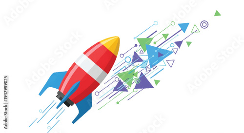 Colorful rocket ship blasting off with geometric shapes