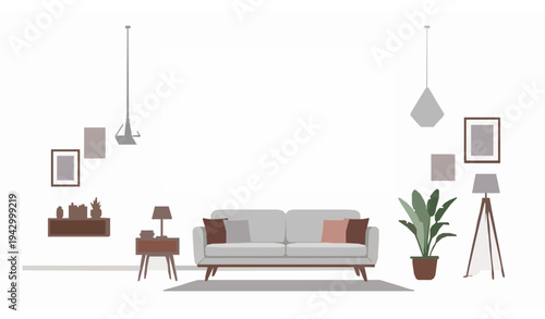 Modern living room wall wallpaper mockup template with sofa plant and furniture interior vector illustration