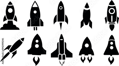 Collection of various space rockets in black silhouette