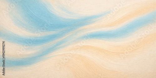 Abstract tropical blue seascape with ocean waves and sandy shore under sunny sky
