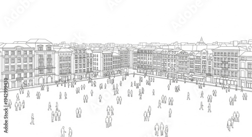 Sketch of a bustling city square filled with people and buildings.