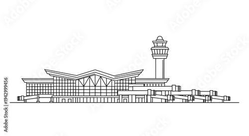 Linear illustration of an airport building and control tower silhouette