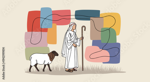 A shepherd in traditional attire guiding a sheep, set against a colorful abstract background in a modern illustration style