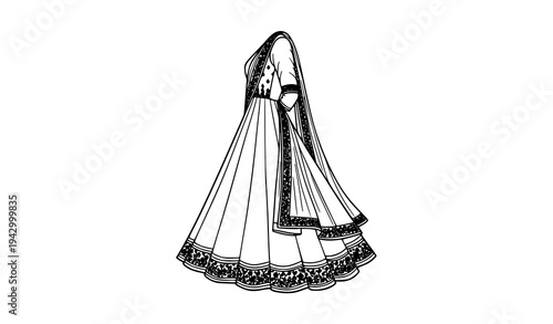 Side view Anarkali dress vector illustration black and white elegant traditional gown
