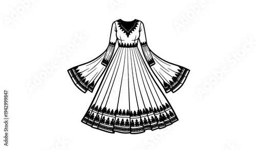 Flat fashion sketch of Anarkali dress black and white vector line art traditional gown