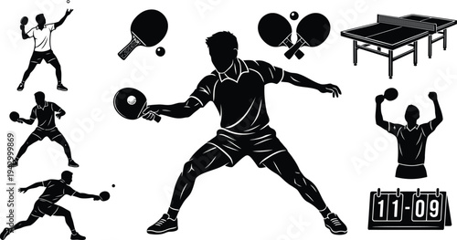 Table tennis player silhouettes and sports equipment icons set