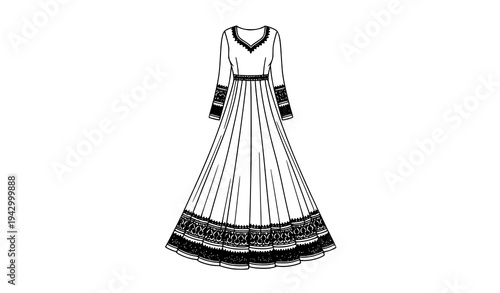 Elegant traditional Anarkali dress vector line art illustration black and white fashion design