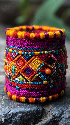 Colorful handcrafted bracelet with intricate embroidery resting on a stone surface surrounded by greenery