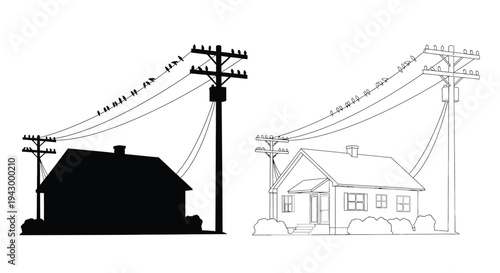 Power lines and houses depicted in a stark black silhouette