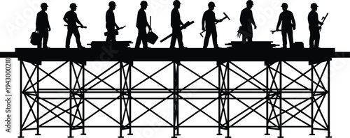 Construction workers silhouette on scaffolding, industrial builders teamwork concept with tools, engineering labor workforce scene isolated, flat vector illustration