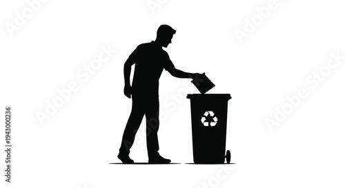 Man discarding waste into a recycling bin stark black silhouette