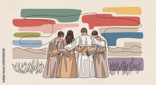 Four figures standing together in a serene landscape, illustrated in a modern, minimalist style with soft colors