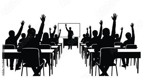 Classroom scene with students raising hands and a teacher silhouette