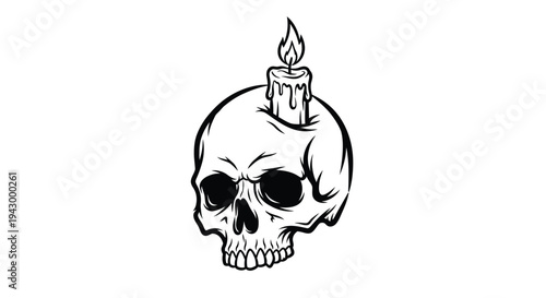 A skull with a burning candle atop a striking silhouette