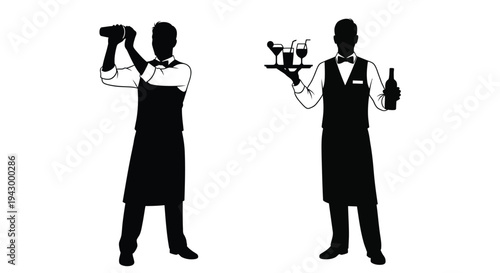 Two bartenders in formal attire preparing and serving drinks silhouette