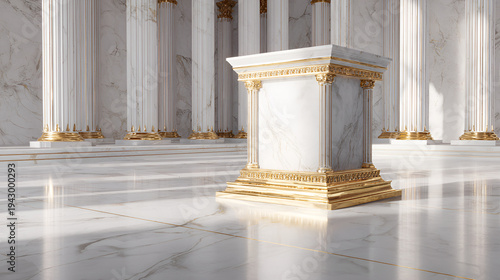 Marble podium with gold trim on a square plinth in a grand hall flanked by white classical columns, an elegant, luxurious display stage evoking triumph and prestige