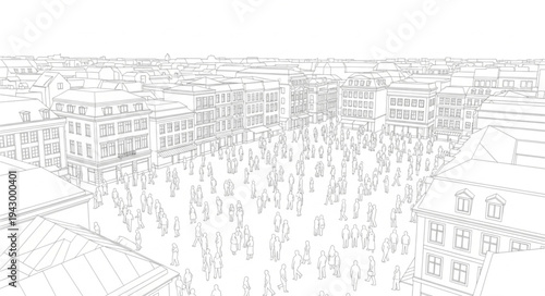 Abstract sketch of a bustling city street scene with many people.