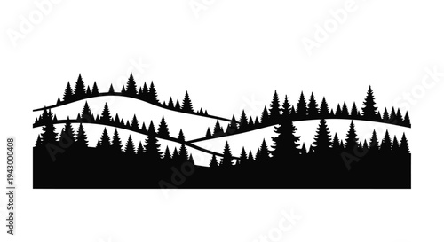 A dark forest landscape with rolling hills presented as a silhouette