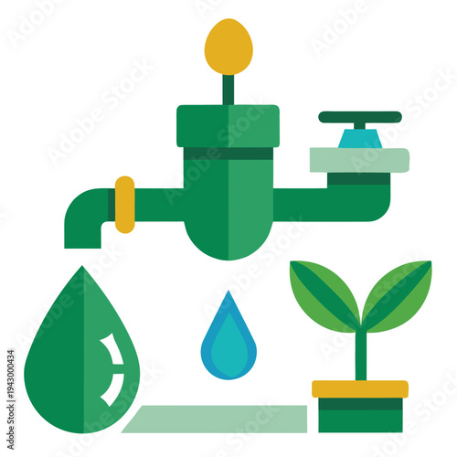 Green faucet delivering precious water drops to nourish a small potted plant