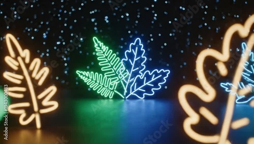 Neon Leaves Glowing in Dark Environment.