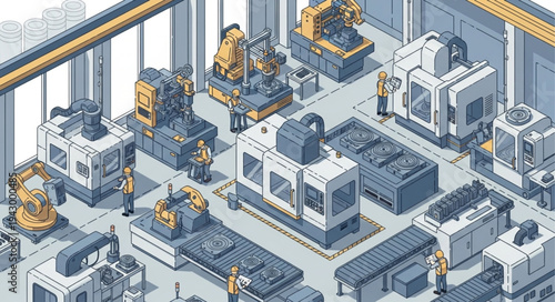 Industrial Factory with Machines and Workers.