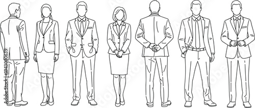 Minimalist vector line art of diverse business people standing in suits, professional corporate group characters, formal office wear, faceless workers