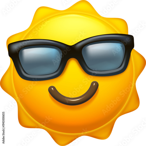 Smiling sun with sunglasses. Happy sunshine character wearing dark eyewear. Sun with friendly smile and summer vibes. Cheerful solar icon with glasses for vacation, holiday and sunny weather design.
